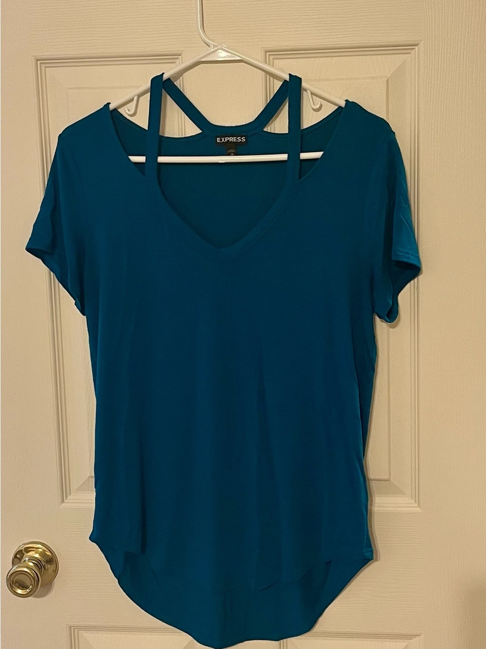 Express Teal Short Sleeve V-Neck Top with Double Strap Back